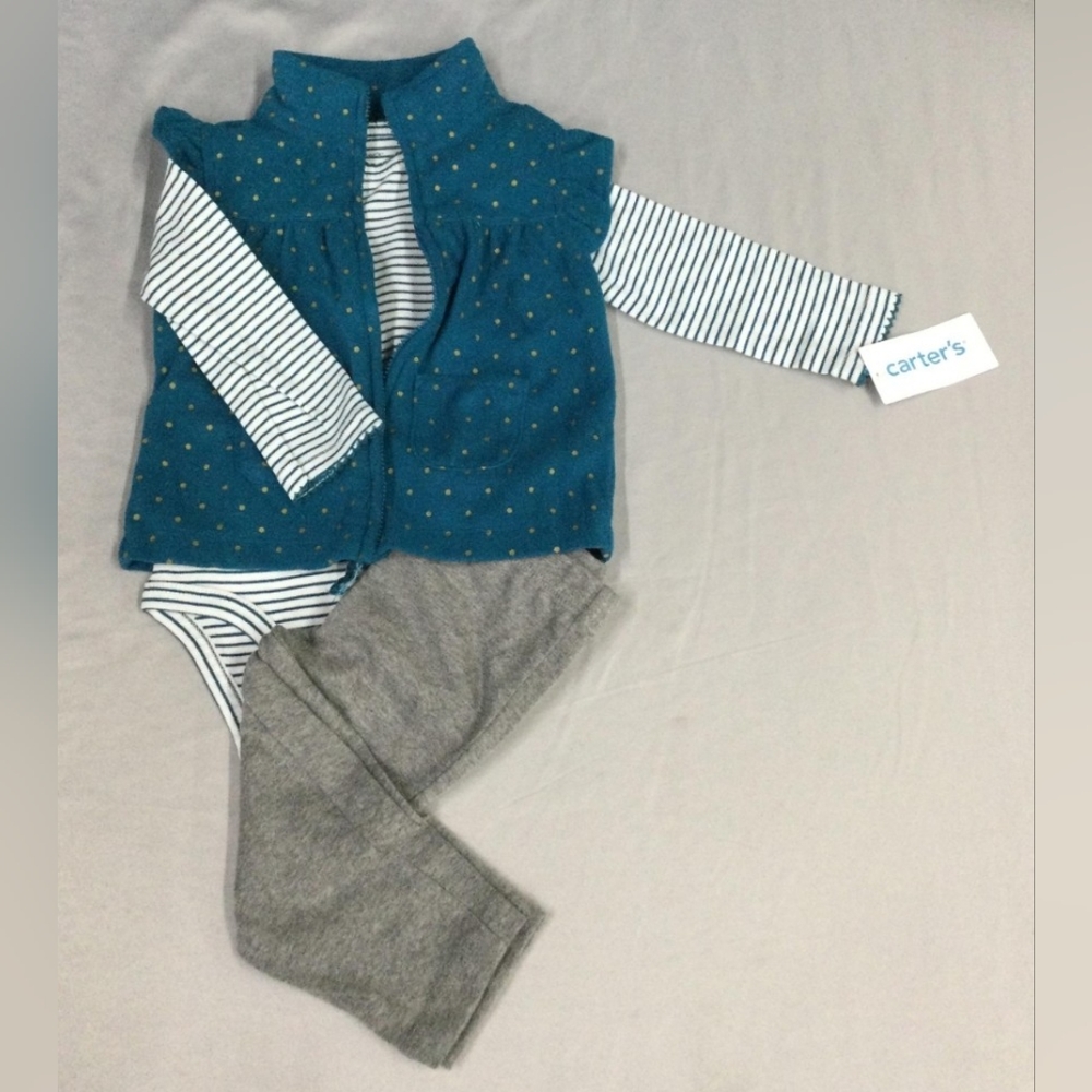 Carter's Baby Girl  3 Piece  teal Outfit size 12m New one piece  w/pants and top